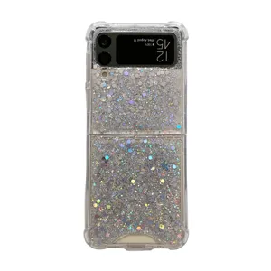 Transparente Glitzer Perlen Epoxy Schutzhülle kompatibel mit Samsung Z Flip klappbare Weichhülle.
