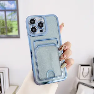 Electroplated glitter phone case with card holder for iPhone 16 Pro Max 14 soft cover bling