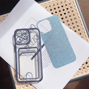 Close-up of electroplated clear phone case with card holder and glitter paper insert detail.