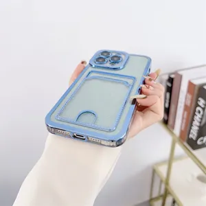 Details of the blue electroplated phone case with card slot and glitter paper design.