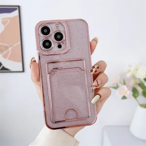 Pink glitter cardholder phone case for iPhone 16 Pro Max, electroplated soft cover detail.