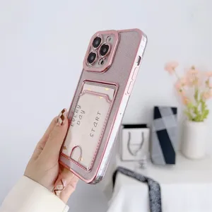 Pink electroplated phone case with card slot and glitter paper for iPhone 16 Pro Max 14.