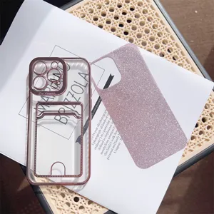 Detail view of electroplated clear phone case with card holder and glitter insert paper for iPhone.
