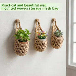 Detail view of wall mounted woven storage mesh bag, boho plant hanger for home decor.