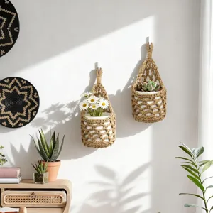 Boho Jute Rope Hanging Plant Basket Handmade Woven Wall Planter Net Holder for Home Decor