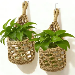 Handmade jute macrame plant hanger, wall hanging glass vase holder with green plants for home.