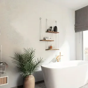 Wooden hanging wall shelf with ropes, 3-tier rustic storage rack for bathroom decor.