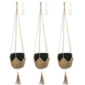 Macrame plantenhanger met zwarte pot en haken, boho hennptouw hangmand voor mooie binnenplanten