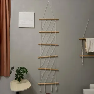 Boho handmade macrame plant climbing frame wooden ladder wall hanging decor for home