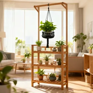 Gedetailleerd overzicht van de handgemaakte zwarte katoenen touw plantenhanger en bamboe rek.