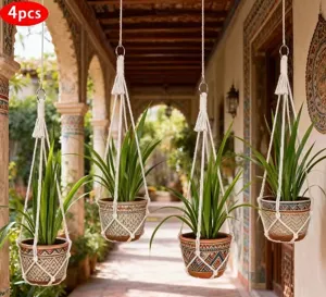 Suspension plante macramé lot de 4, panier suspendu en corde coton fait main pour déco jardin.