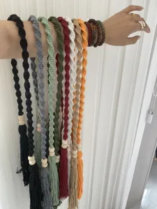 Handmade cotton rope curtain tiebacks with tassels and wooden beads, bohemian style home decor.