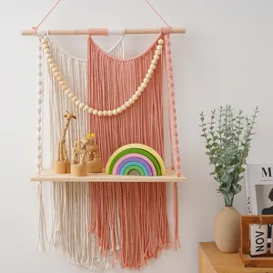 Nordic Woven Tapestry Wall Shelf Cotton Rope Hanging Storage Rack With Wooden Board For Living Room Bedroom Home Decor
