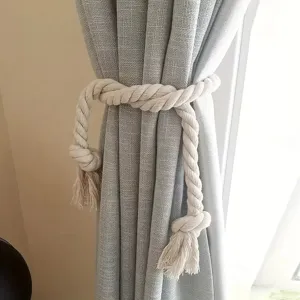 Attache rideau en coton tissé fait main avec glands, décoration de fenêtres élégante beige.