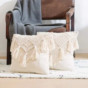 Boho macrame pillow cover cotton tassel throw pillowcase for living room sofa home decor detail