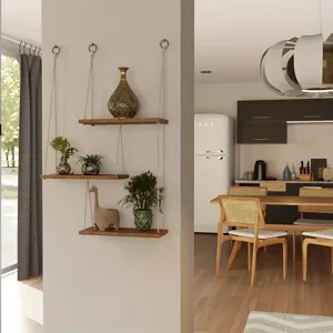 3-tier wooden hanging wall shelf detail showing rustic rope design for home decor and storage.