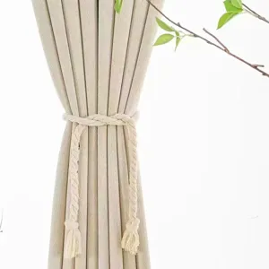 Attache rideau tressée faite à la main avec franges, corde décorative beige élégante pour salon.