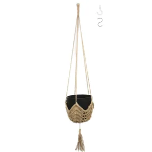 Boho plantenhangers macramé hangende planter met zwarte pot en haken voor decor.