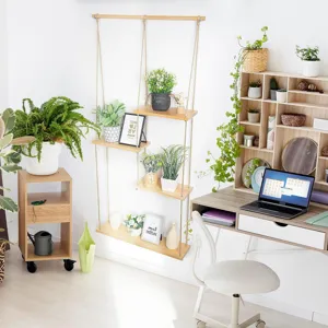 Wooden wall hanging rope shelf detail showing multi-tier plant display and home storage decor.