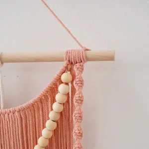 Nordic woven wall hanging tapestry pink cotton cord with wooden beads boho home decor