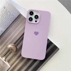 Coque iPhone en silicone mat violet avec motif de cœur mignon protection complète