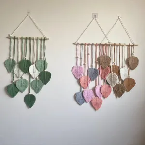 Handmade macrame leaf wall hanging boho woven tapestry for bedroom home wall decor.