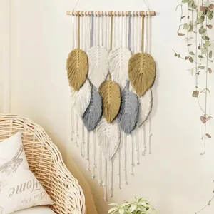 Boho handmade woven leaf wall hanging tapestry for living room bedroom home decor.