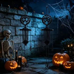 Detailed scene view of black handmade macrame Halloween ghost skull wall hanging decoration.