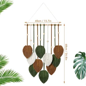 Bohemian macrame leaf wall hanging, handmade cotton woven tapestry for bedroom decor.