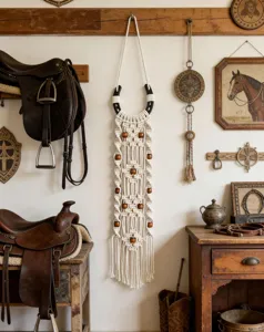 Macrame horseshoe wall hanging detail, rustic bohemian equestrian decor, woven rope and wooden beads.