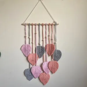Bohemian handmade macrame leaf wall hanging tapestry for cozy bedroom home decor aesthetic.