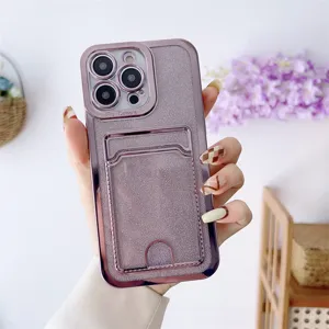 Detail view of electroplated glitter phone case with card slot and camera protection frame.