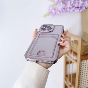 Close-up detail of purple glitter phone case featuring a practical card slot and electroplated frame.