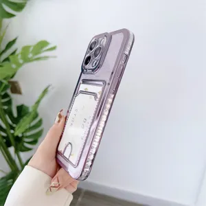 Detailed view of the luxury purple electroplated phone case with glitter card slot and lens cover.