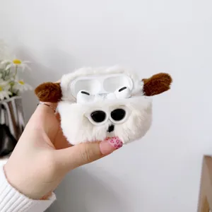 Fluffy plush puppy AirPods Pro case with cute sunglasses and brown ears, soft protective cover.
