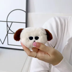 Fluffy plush puppy AirPods case with sunglasses, cute cartoon ear design protective cover soft.