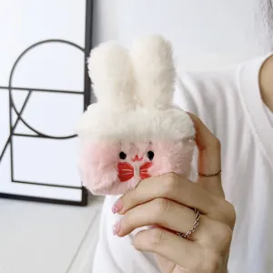 Fluffy plush cute bunny ears earphone case protective cover for AirPods wireless charging box pink