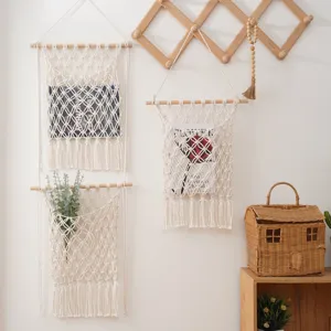 Bohemian Handmade Woven Hanging Storage Bag Nordic Style Cotton Rope Wall Door Organizer For Bedroom Living Room Home