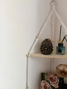 Bohemian macrame corner shelf wooden floating shelf wall hanging home decor storage