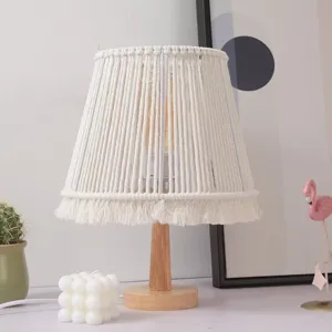 Handmade woven table lamp with macrame shade and wooden base, Nordic bohemian bedside light.