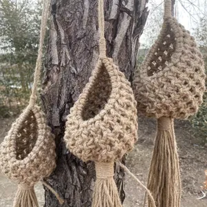 Handmade jute woven teardrop hanging bird nest bohemian garden decor plant holder