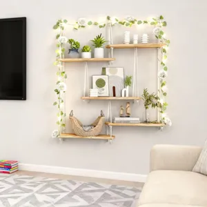 Étagère Suspendue en Bois Bohème Multi-Niveaux Murale Support de Rangement pour Plantes avec Corde de Jute Décoration de Chambre