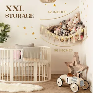 Handmade woven macrame toy hammock corner storage net for kids room nursery organization