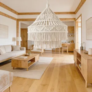 Bohemian macrame lampshade detail view highlighting the intricate handwoven pattern design.