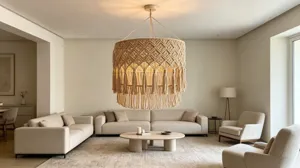 Boho macrame chandelier shade for cozy living room and bohemian home decor details