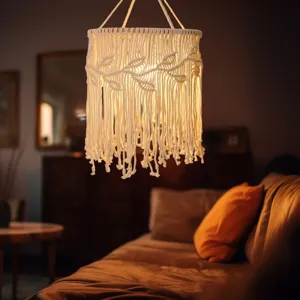 Handgefertigter Makramee Baumwollseil Hängelampenschirm, Boho Fransen Design für gemütliches Zuhause.