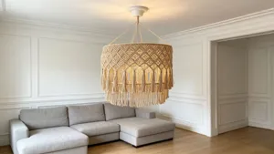 Boho macrame chandelier lampshade for bohemian living room home decor and cozy interior lighting aesthetic.