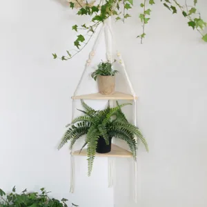 Boho Macrame Corner Wooden Hanging Shelf 2-Tier Wall Plant Holder Home Decor Display