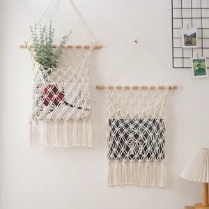 Handmade woven macrame storage bag hanging wall decor bohemian style room organizer