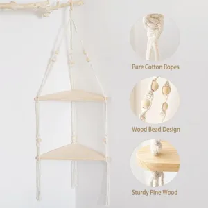 Macrame corner shelf hanging plant holder 2 tier wooden board pure cotton rope wall decor detail
